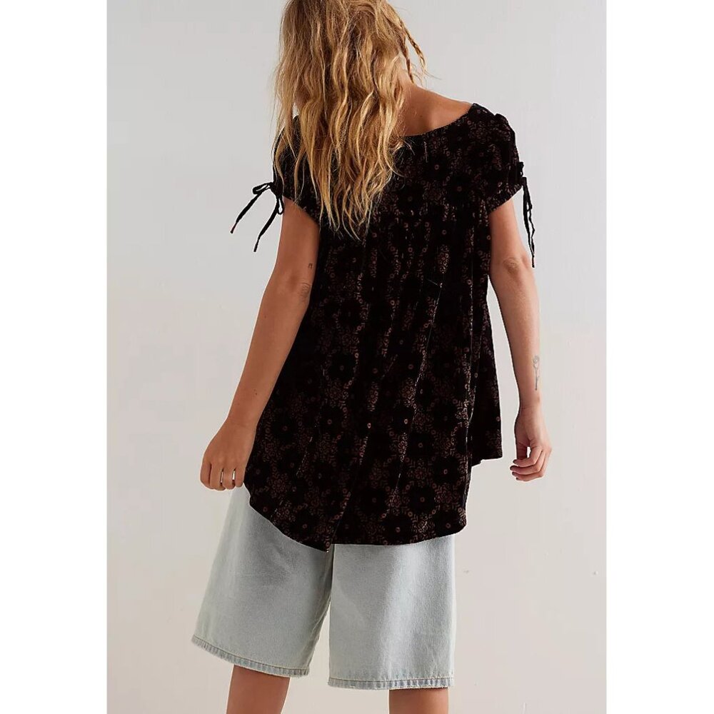 FP Velvet Short Sleeve Square Neck Mini Dress - Black with Metallic Print - Picture 10 of 16